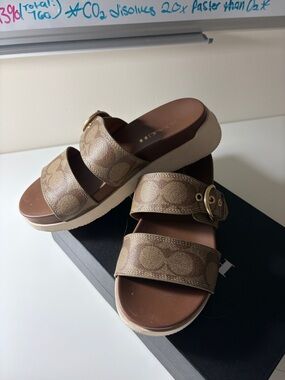 Coach Tan/Brown Signature Double-Strap Slide Sandals with Gold Buckles